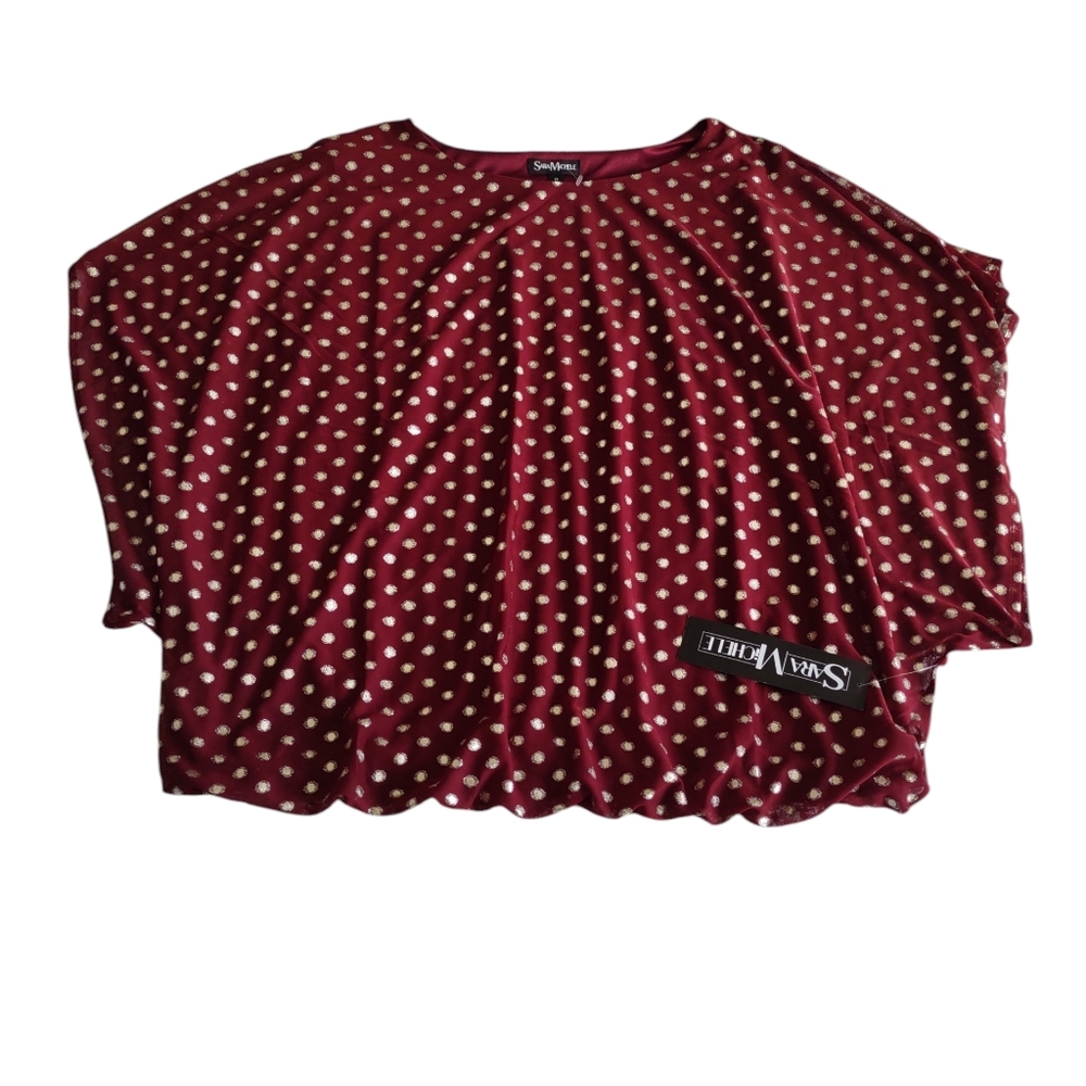 Sara Michelle Womens Burgundy Metallic Dot Batwing Top Size 1X